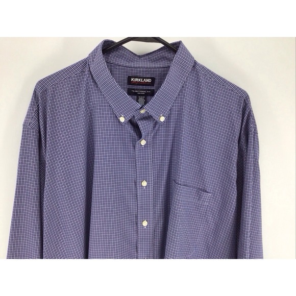 KIRKLAND SIGNATURE MEN'S Non-iron long sleeve dress shirt BLUE Check 19 -34/35 - Picture 1 of 8